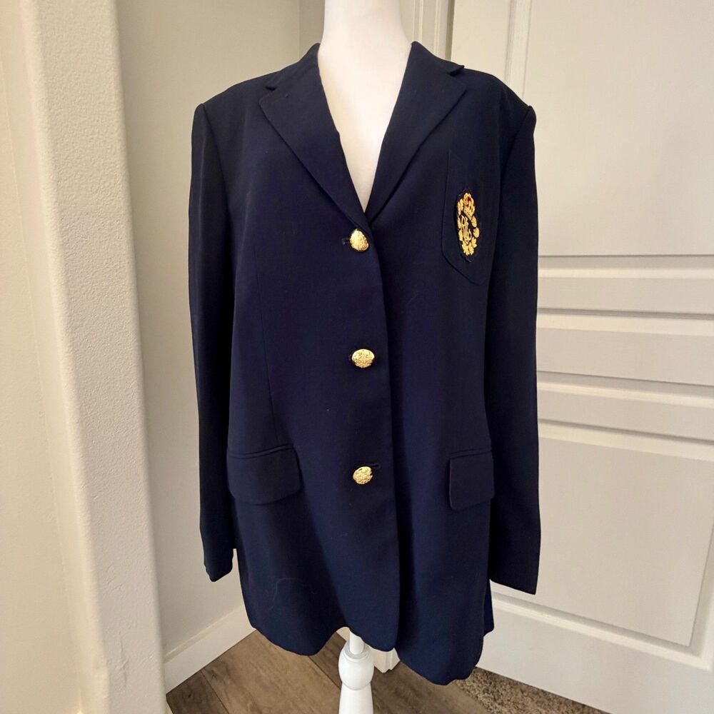 Lauren Ralph Lauren Wool Monogram Crest Blazer Gold Buttons Lined Work Office
